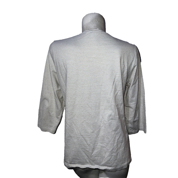 Zenergy CHICO'S Top Size L (2) Ivory Gold Striped 3/4 Sleeve Lace Front Shirt - Picture 5 of 6